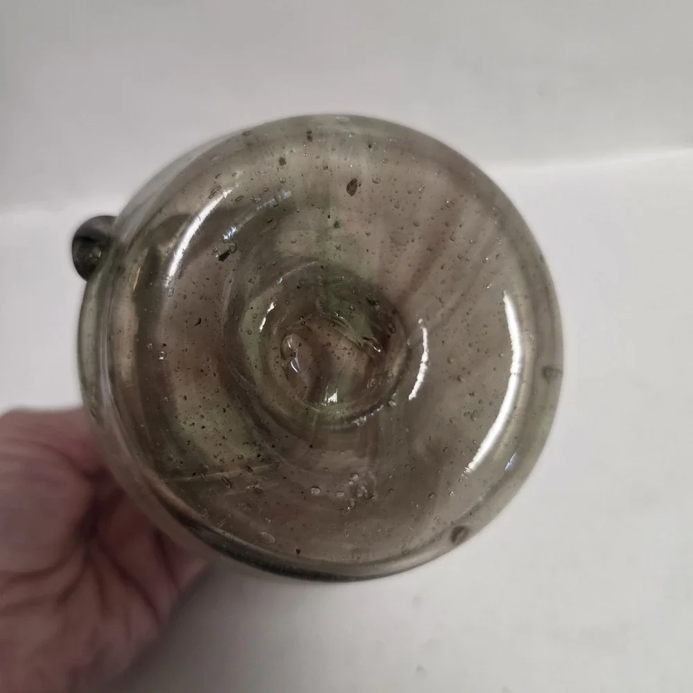 Hand Blown Art Glass Mini Pitcher Smoky Gray Seed Glass Applied Green Handle 6